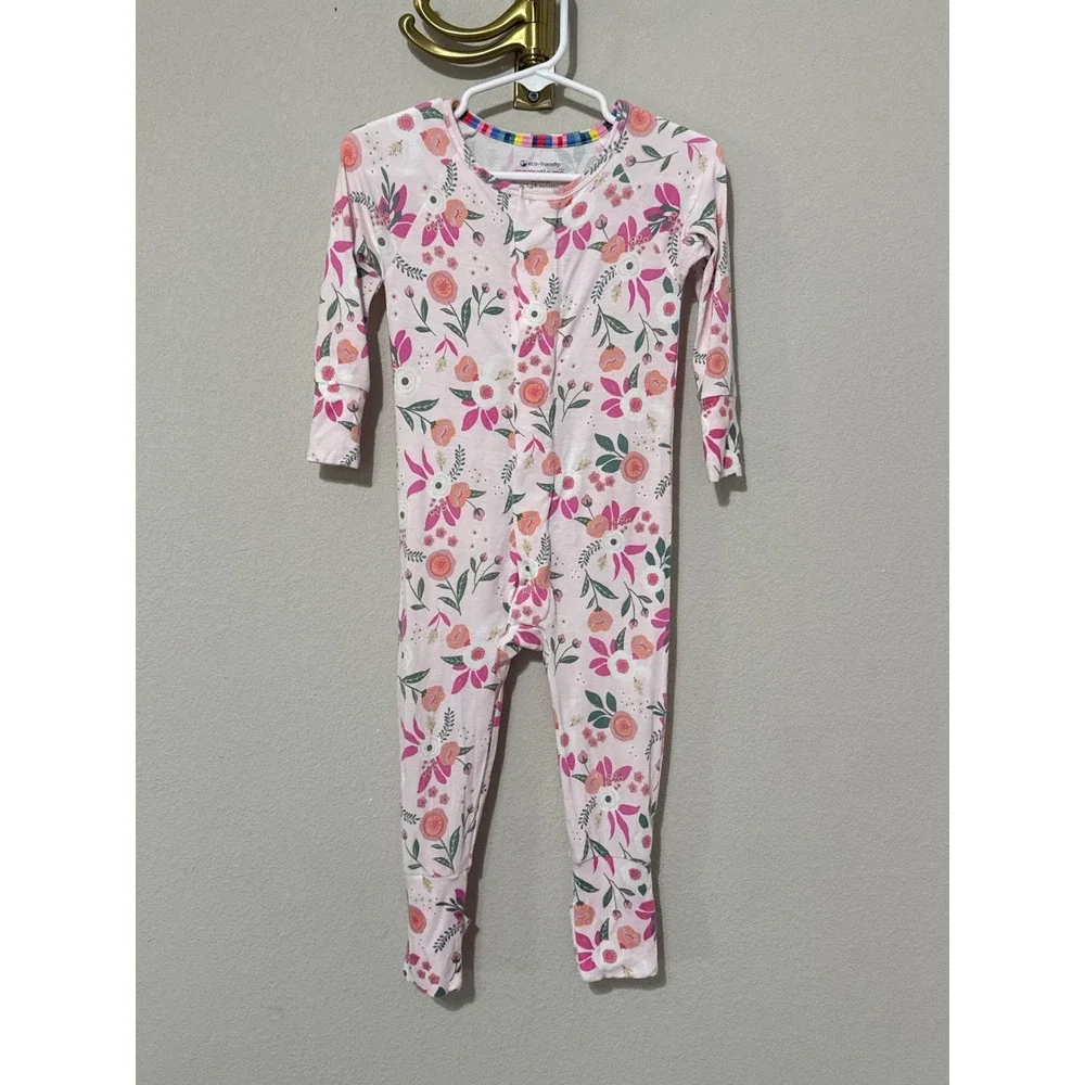 Magnetic Me Footie Baby Girl 12-18 Months Pink Floral Bamboo Magnetic Closure